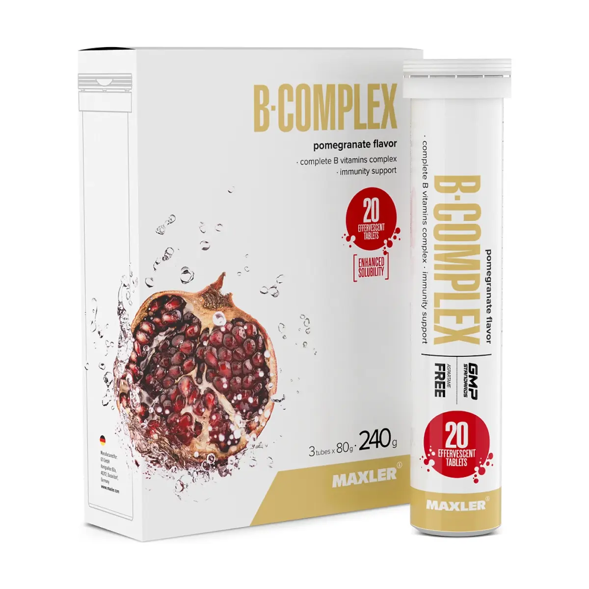 Maxler B-Complex Effervescent Tablets, Pomegrante, 12x20 tubes, Витаминдер
