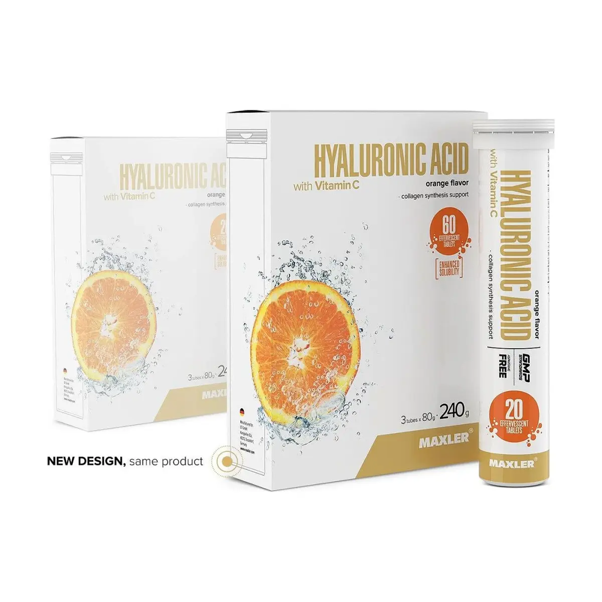 Maxler Hyaluronic Acid with Vitamin C Effervescent Tablets, Orange, 12x20 tubes, Витаминдер